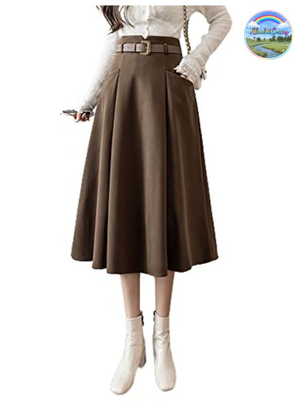 Wool Midi Skirt High Waisted A-Line Pleated Belted Fall Winter
